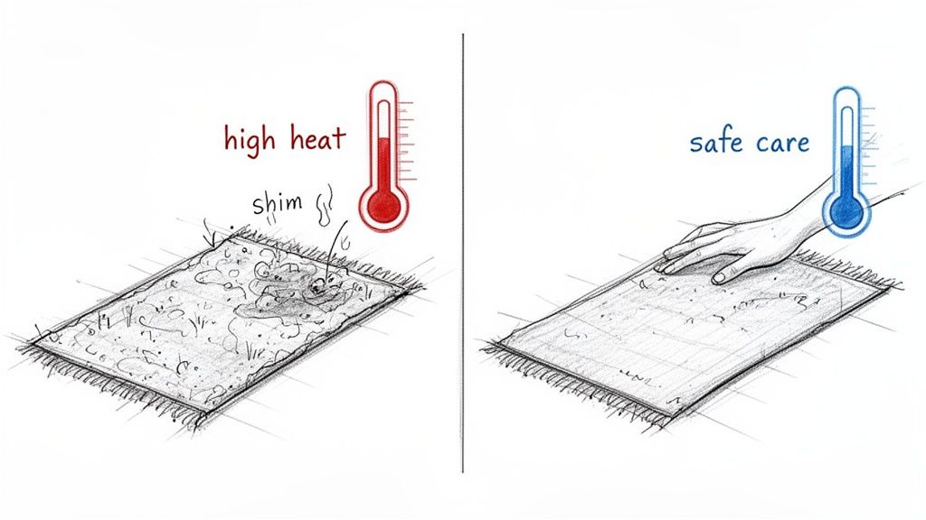 Illustration contrasting a rug damaged by high heat with smoke versus a hand gently caring for a rug at a safe temperature.