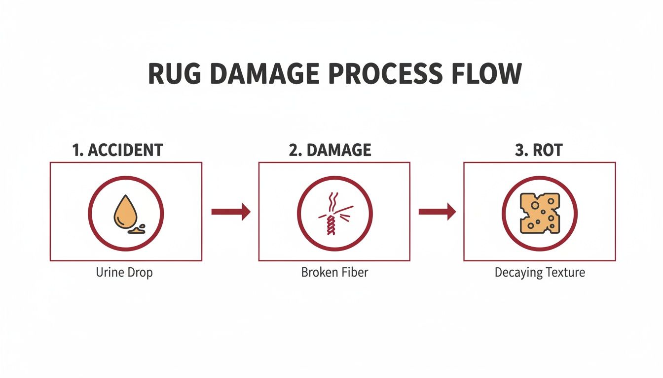 Rug damage process flow: accident (urine drop) leads to broken fibers, then decaying texture (rot).