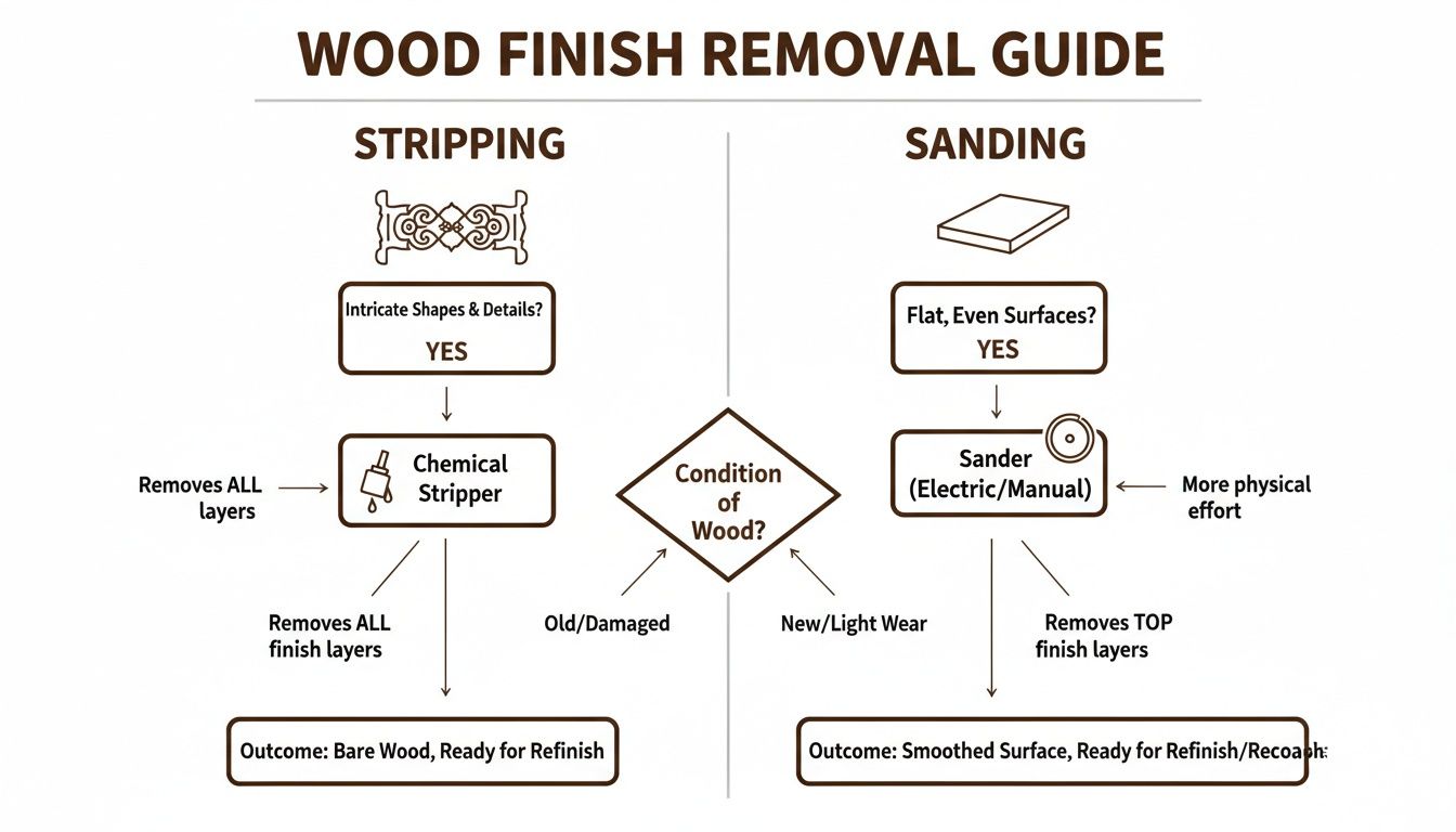 A flowchart guide illustrating two methods for wood finish removal: stripping for intricate shapes and sanding for flat surfaces.