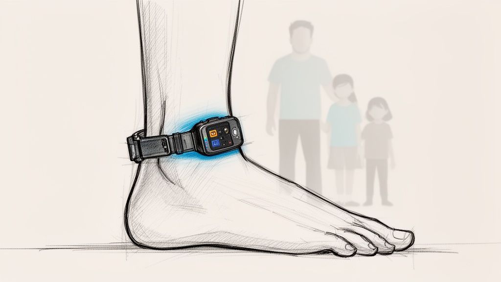 An ankle monitor with a glowing screen is strapped to a person's leg, with a blurred family in the background.