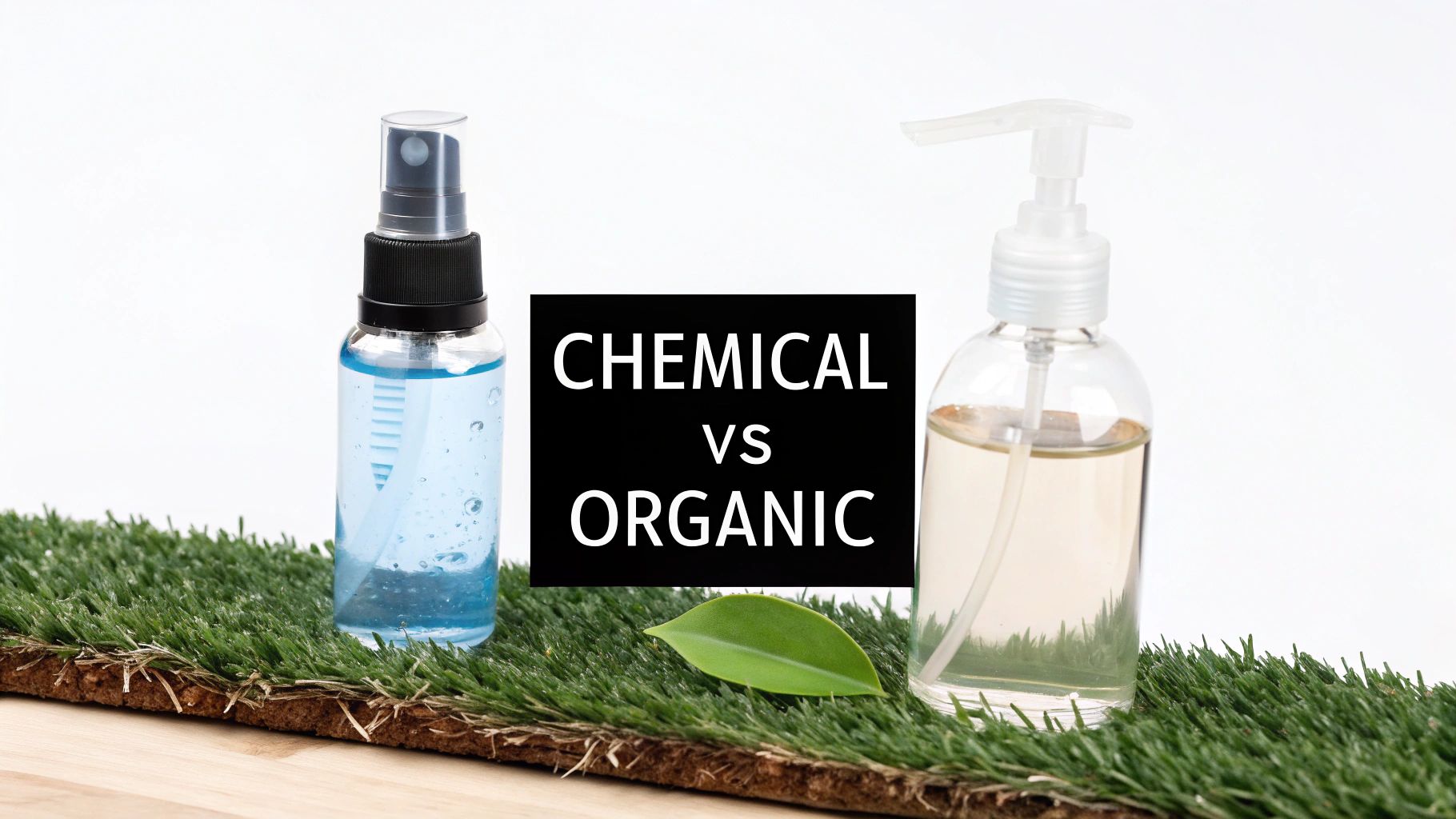 Two bottles, one blue chemical spray and one organic pump, on artificial grass with 'CHEMICAL VS ORGANIC' text and a leaf.