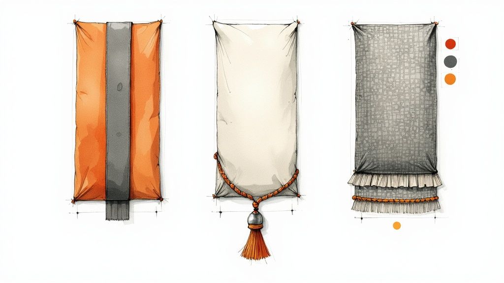 Three artistic watercolor sketches of fabric banners, featuring various textile designs, colors, and decorative trims.