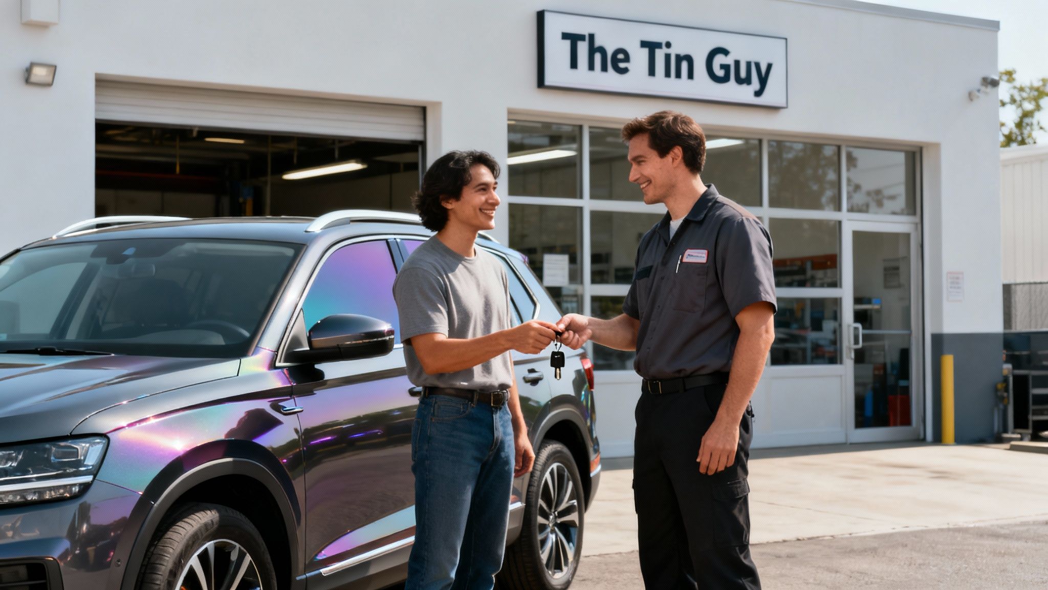 A service technician handing car keys to a smiling customer in front of a car repair shop.