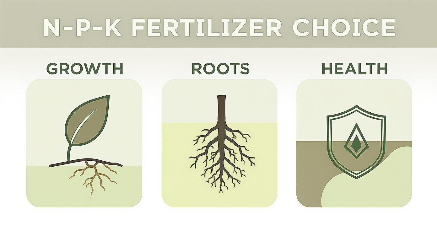 N-P-K fertilizer choice infographic showing optimal ratios for growth, roots, and overall plant health.