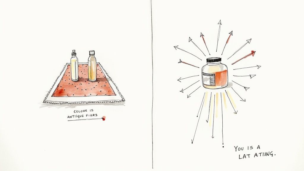 A hand-drawn two-panel image showing two bottles on a patterned rug and a jar emitting arrows.