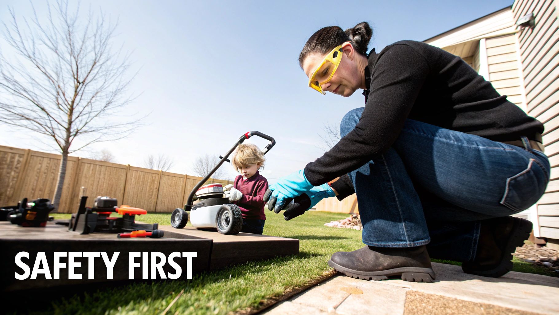 Woman in safety glasses and gloves teaching a child with a toy lawnmower in a backyard.
