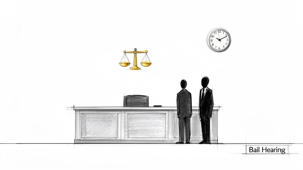A sketch of a bail hearing in a courtroom, showing attorneys, a judge's bench, scales of justice, and a clock.