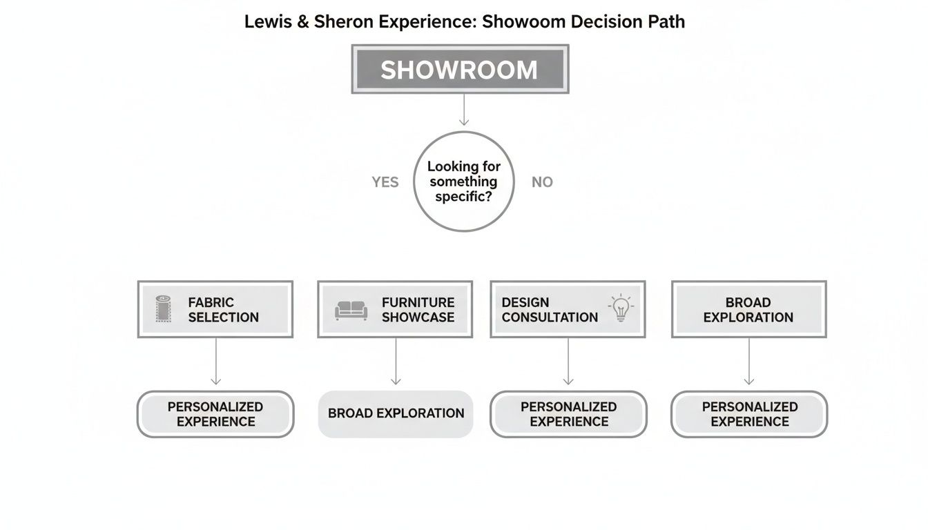 Flowchart illustrating the Lewis & Sheron Showroom decision path for customer experiences.
