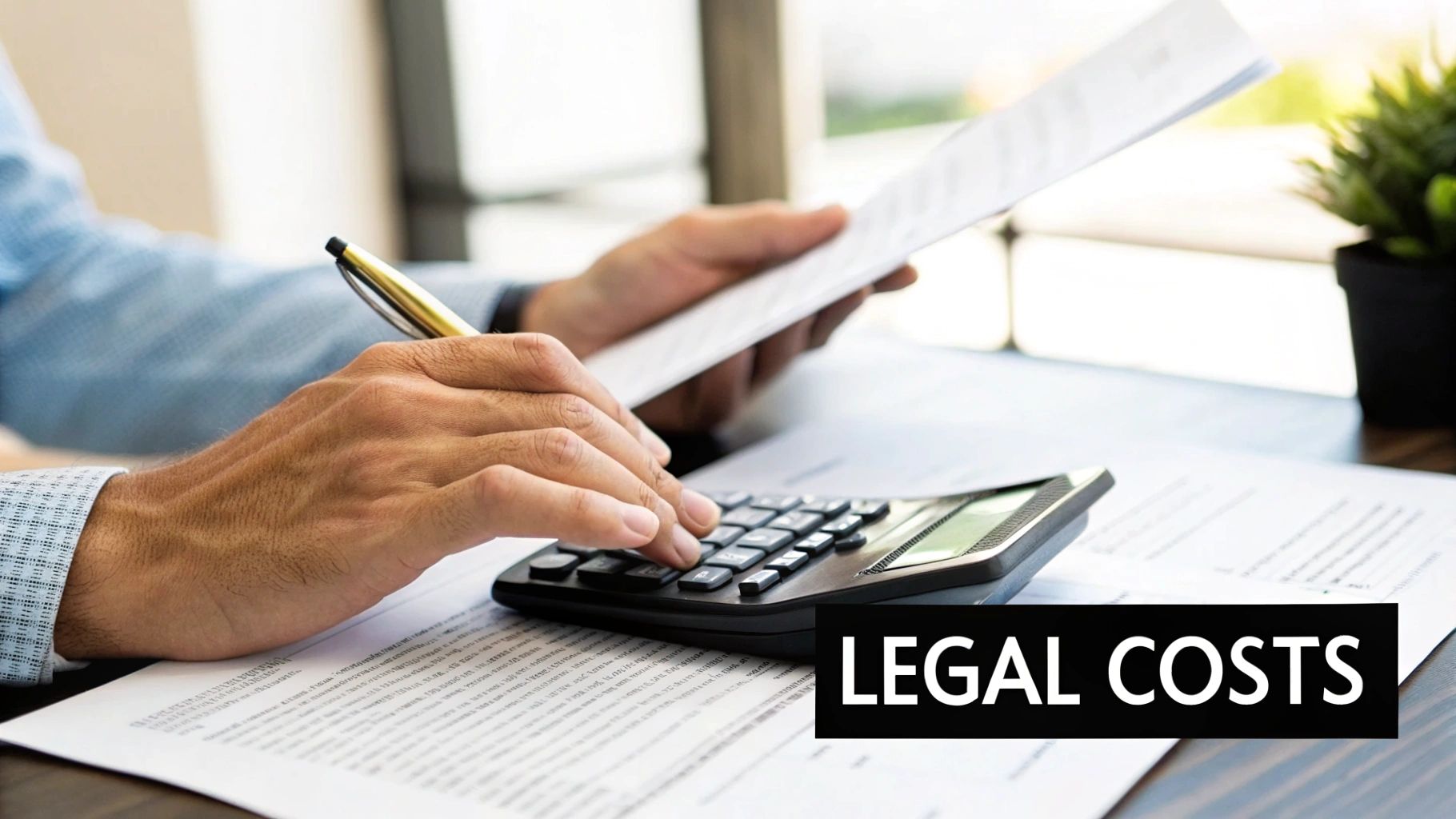 A person's hands using a calculator, holding a pen and documents, with 'LEGAL COSTS' text.