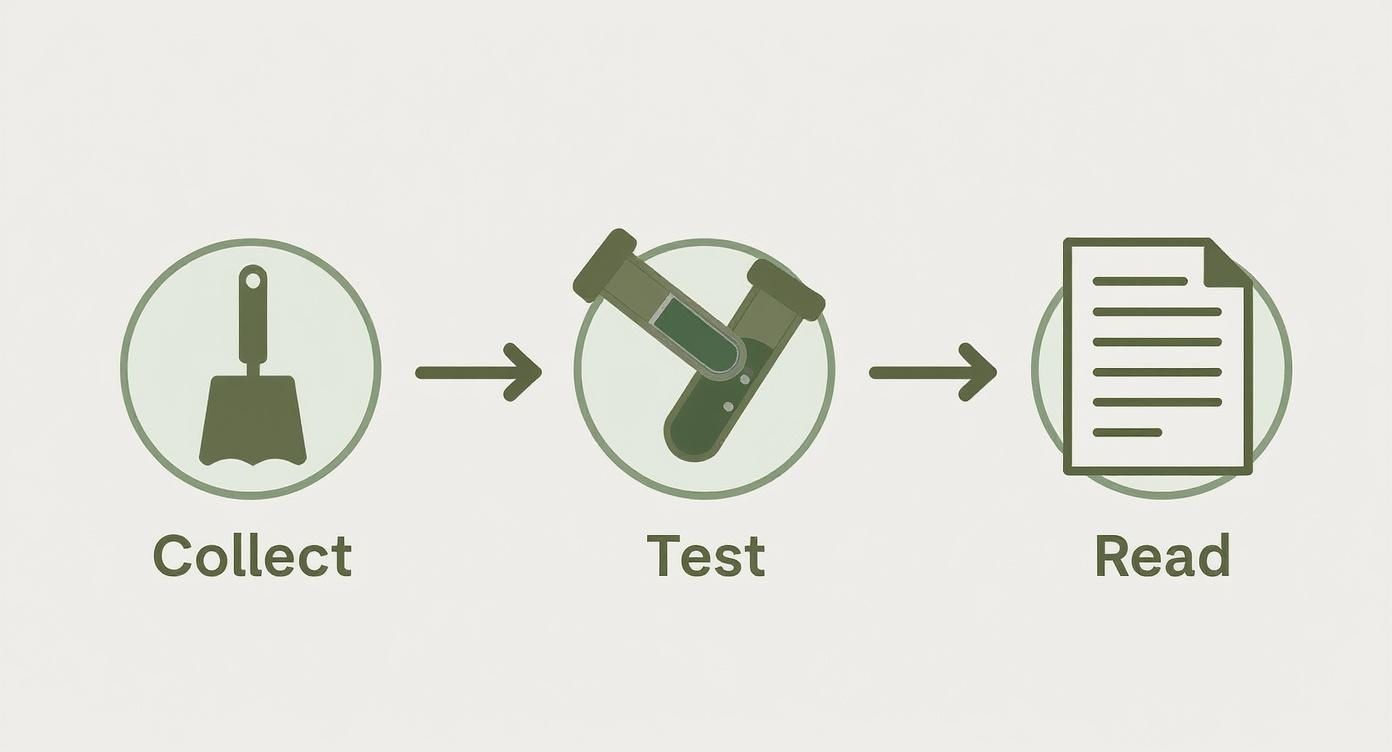 Infographic showing the three-step soil testing process: Collect with a trowel, Test in a lab, and Read the report.