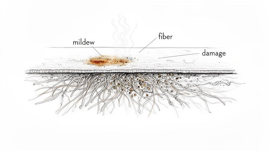 Detailed illustration showing mildew damage on carpet fibers, with a cross-section revealing underlying infestation.