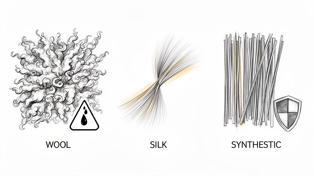Illustrations of wool, silk, and synthetic fibers with corresponding care symbols.