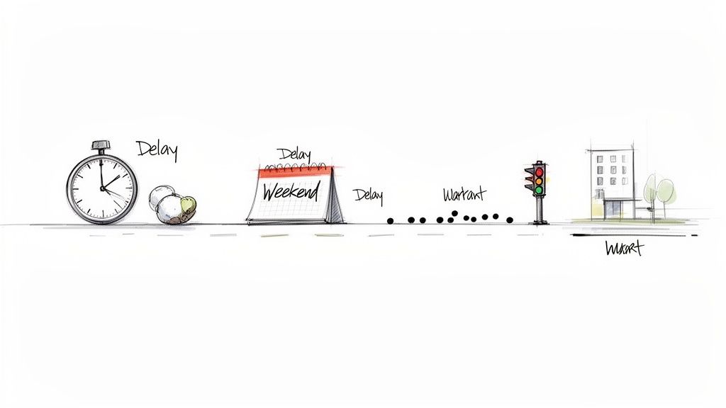 A sketched timeline illustrating a process with delays from time, weekend, warrants, and a final import.