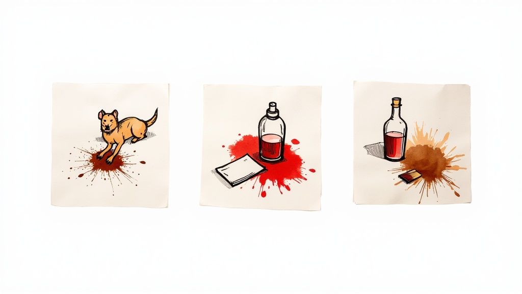 Three hand-drawn illustrations showcasing different types of spills with a dog and bottles.