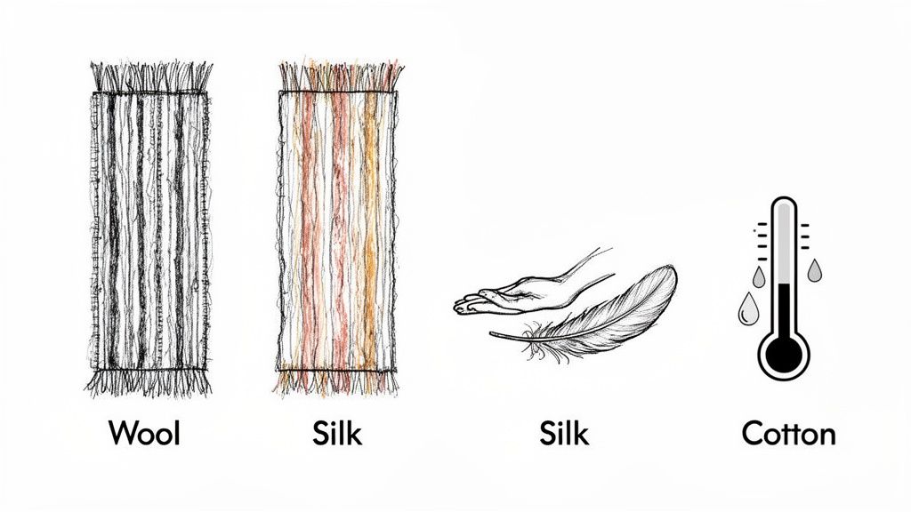 Illustrations comparing wool and silk fabric textures, a hand with a feather for silk, and a thermometer for cotton.