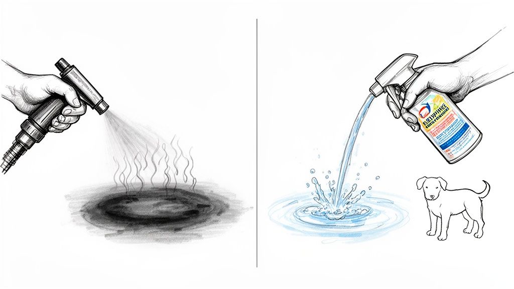 A comparison showing a hand spraying mist over a hot spot and another hand pouring liquid with a dog nearby.