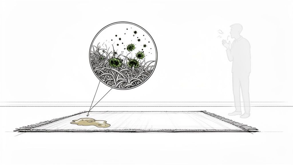 Illustration of a rug with a spill, magnified to show mold and airborne particles, and a coughing man.