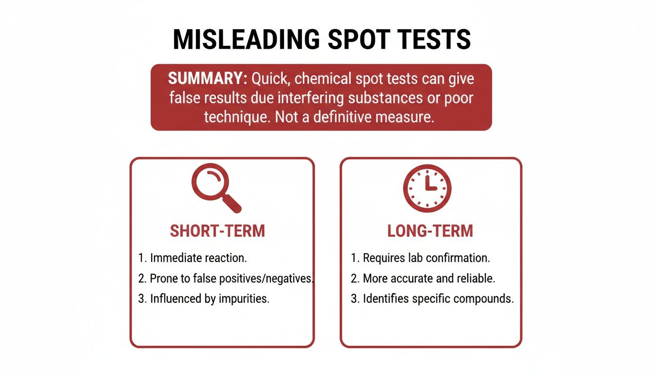 Infographic comparing short-term and long-term chemical spot tests, highlighting accuracy and potential for false results.