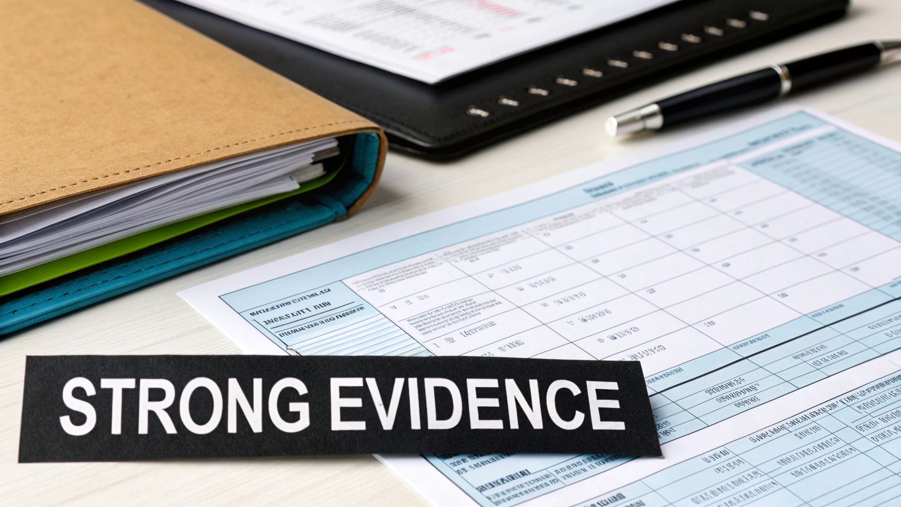 A black strip of paper with 'STRONG EVIDENCE' lies on legal documents, a folder, and a pen.