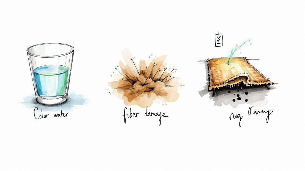 Three illustrations: colored water, damaged fibers, and a rug with a green splash indicating damage.