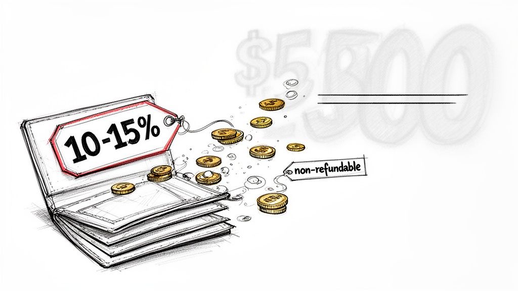 A sketch showing a wallet with a '10-15%' price tag, spilling coins, and a 'non-refundable' label.
