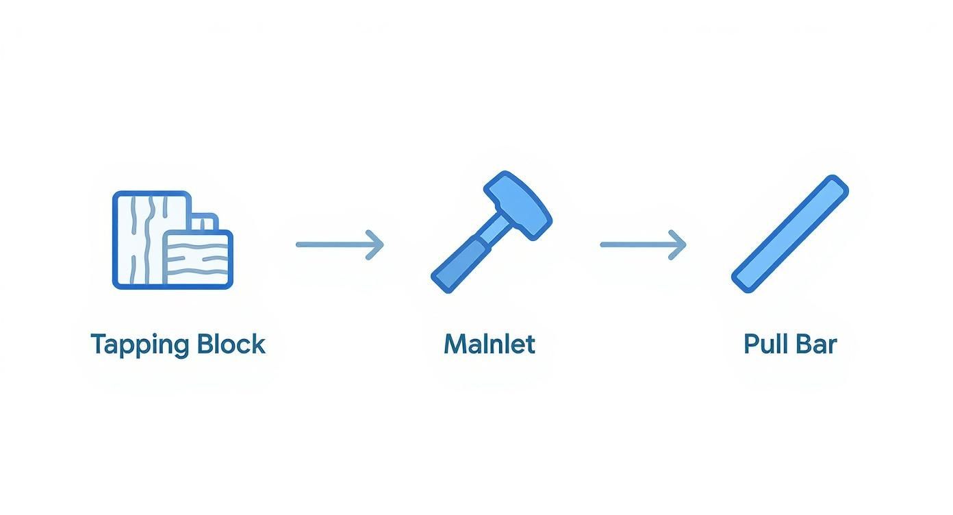 Woodworking tools progression from tapping block to mallet to pull bar for laminate flooring installation