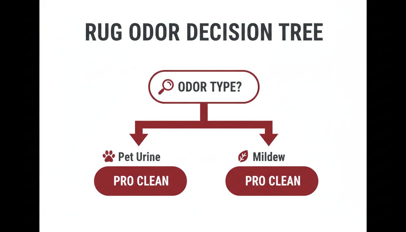 Decision tree flowchart for rug odor, identifying pet urine or mildew and recommending professional cleaning.