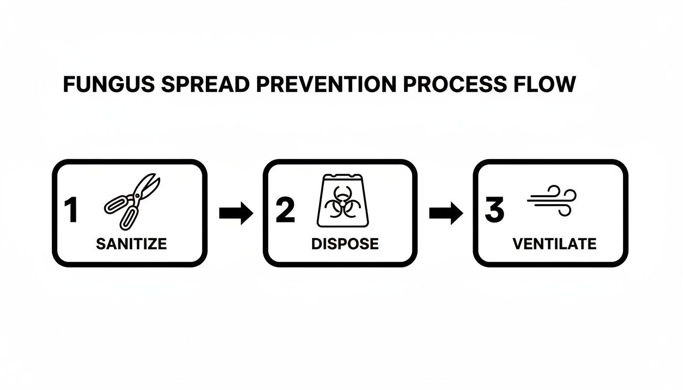A flow chart illustrating three steps for fungus spread prevention: sanitize, dispose, and ventilate.