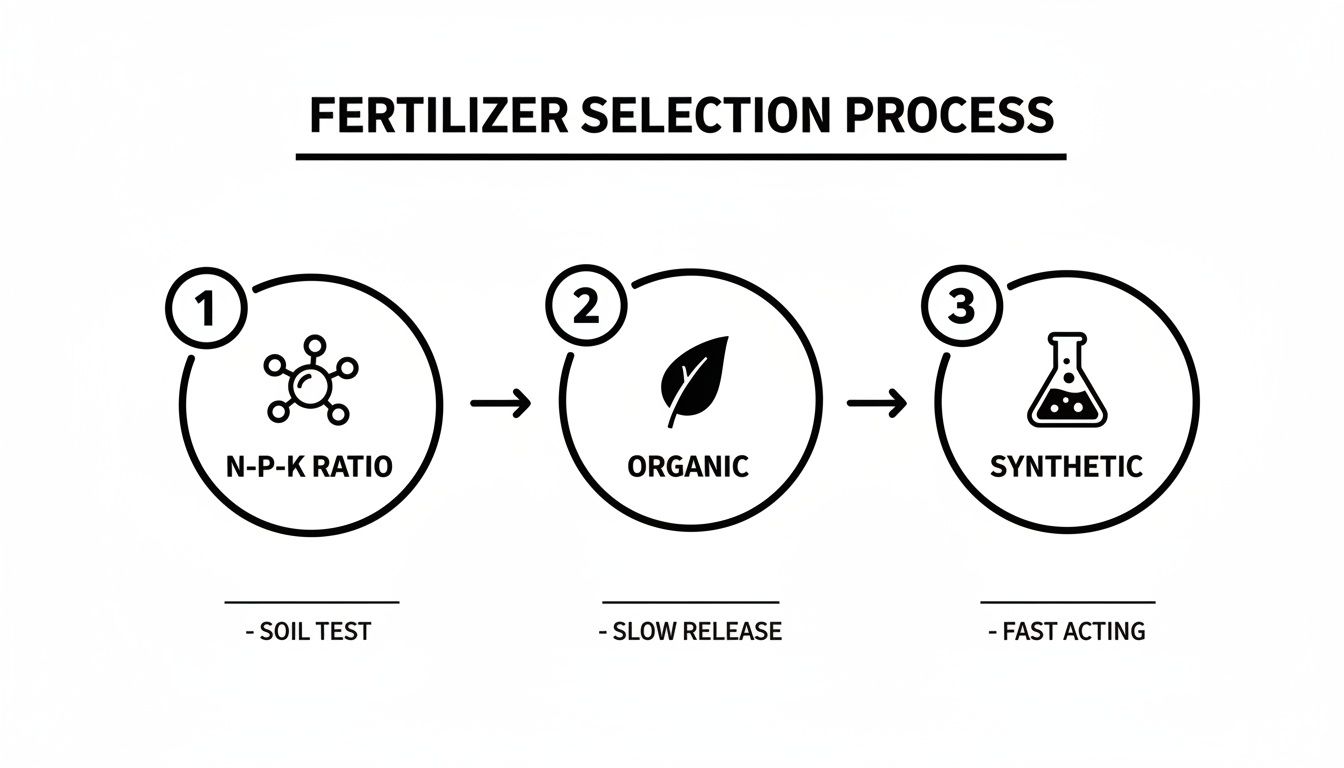 Flowchart illustrating the fertilizer selection process, including NPK ratio, organic, synthetic, soil test, slow release, and fast acting.