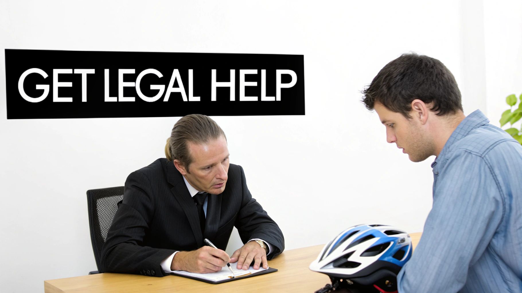 A lawyer consults with a man who has a bicycle helmet, with a 'GET LEGAL HELP' sign above.