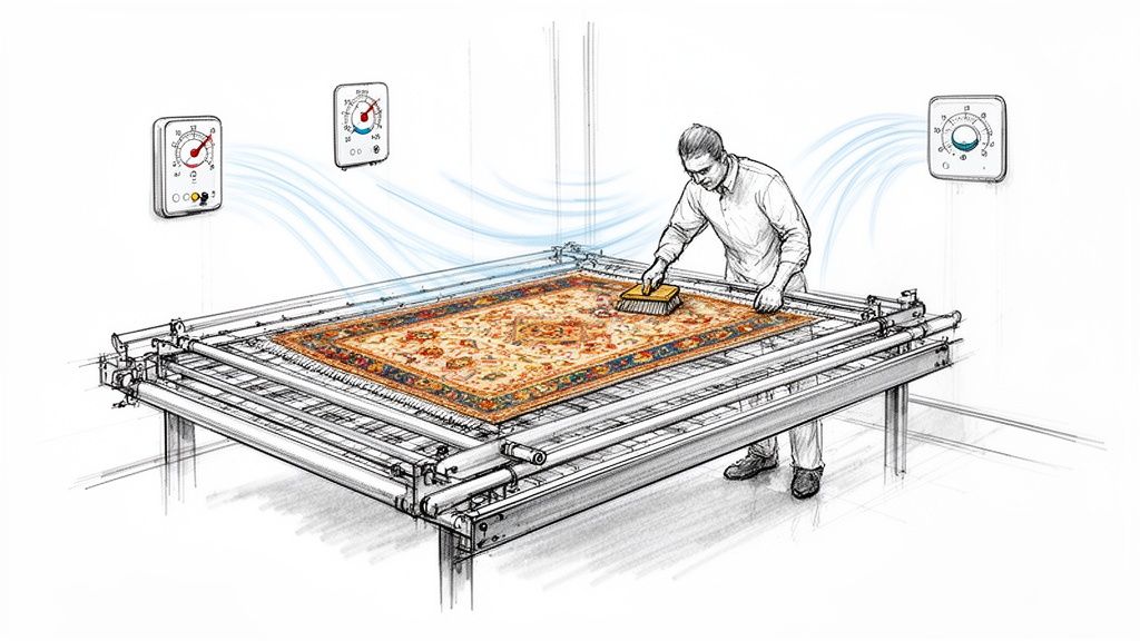 An illustration of a man carefully cleaning and drying an ornate oriental rug on a specialized frame.