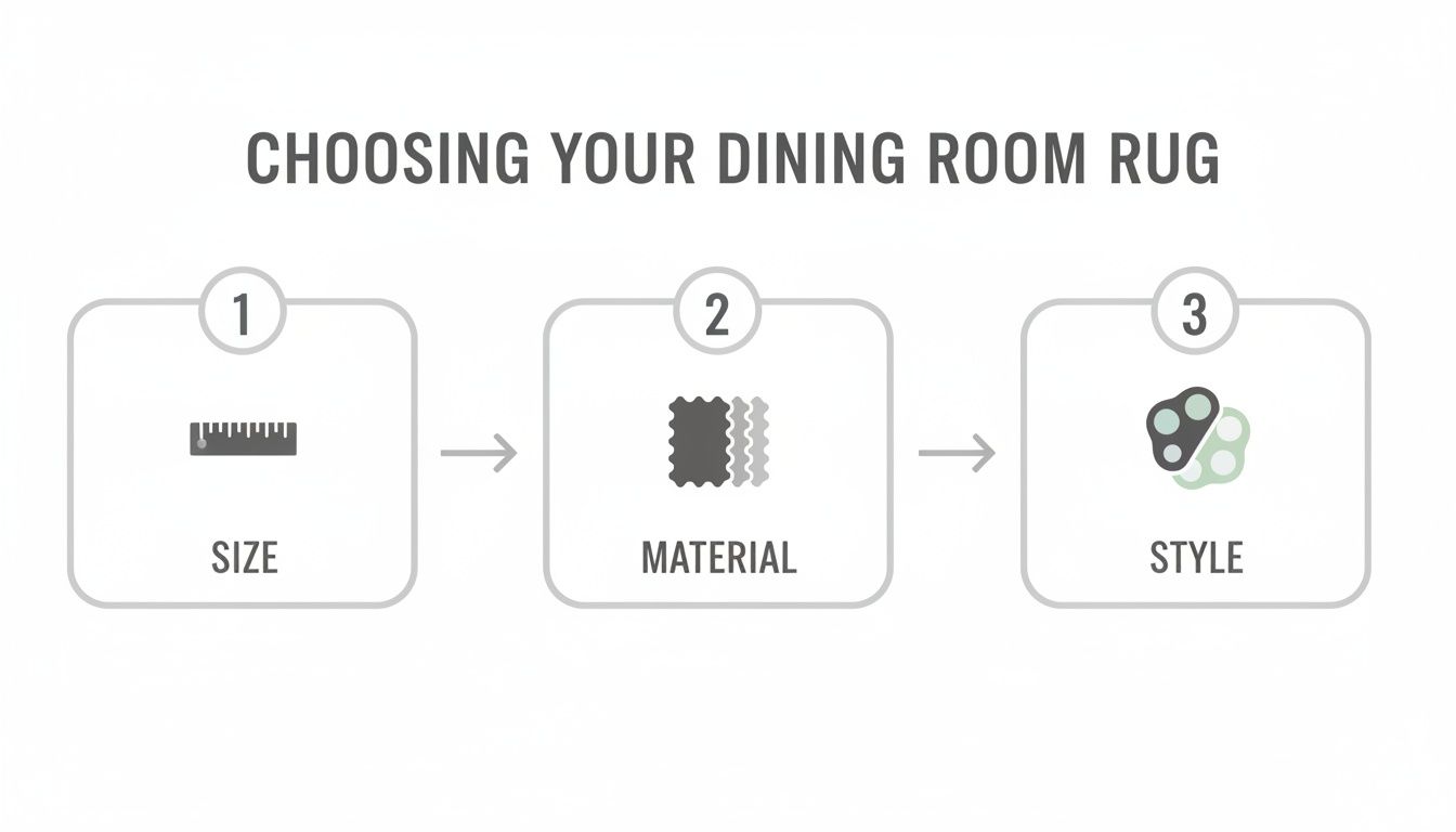Infographic showing three steps to choosing a dining room rug: size, material, and style.