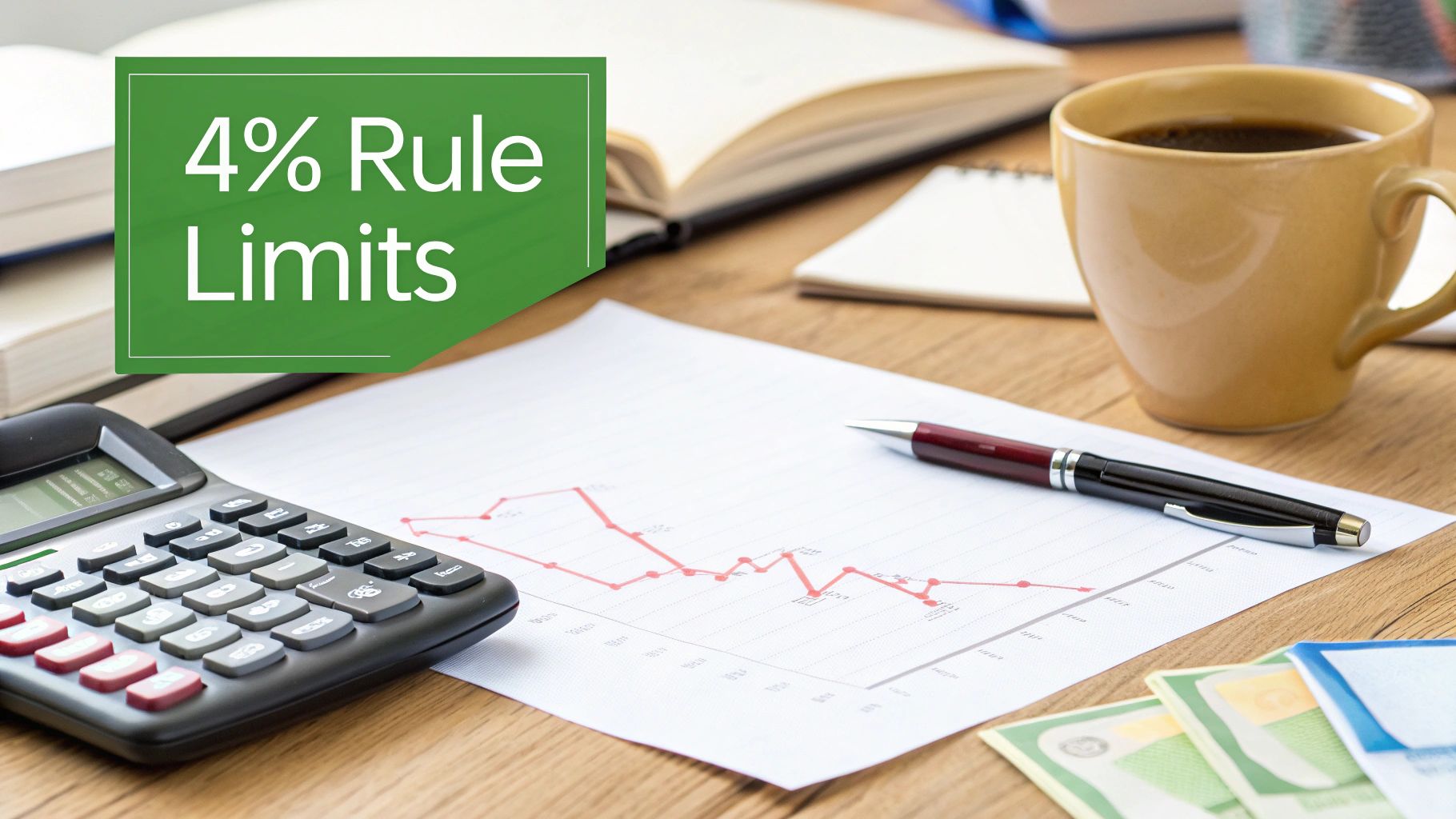 Desk with calculator, financial graph, coffee, and text '4% Rule Limits' for financial planning.