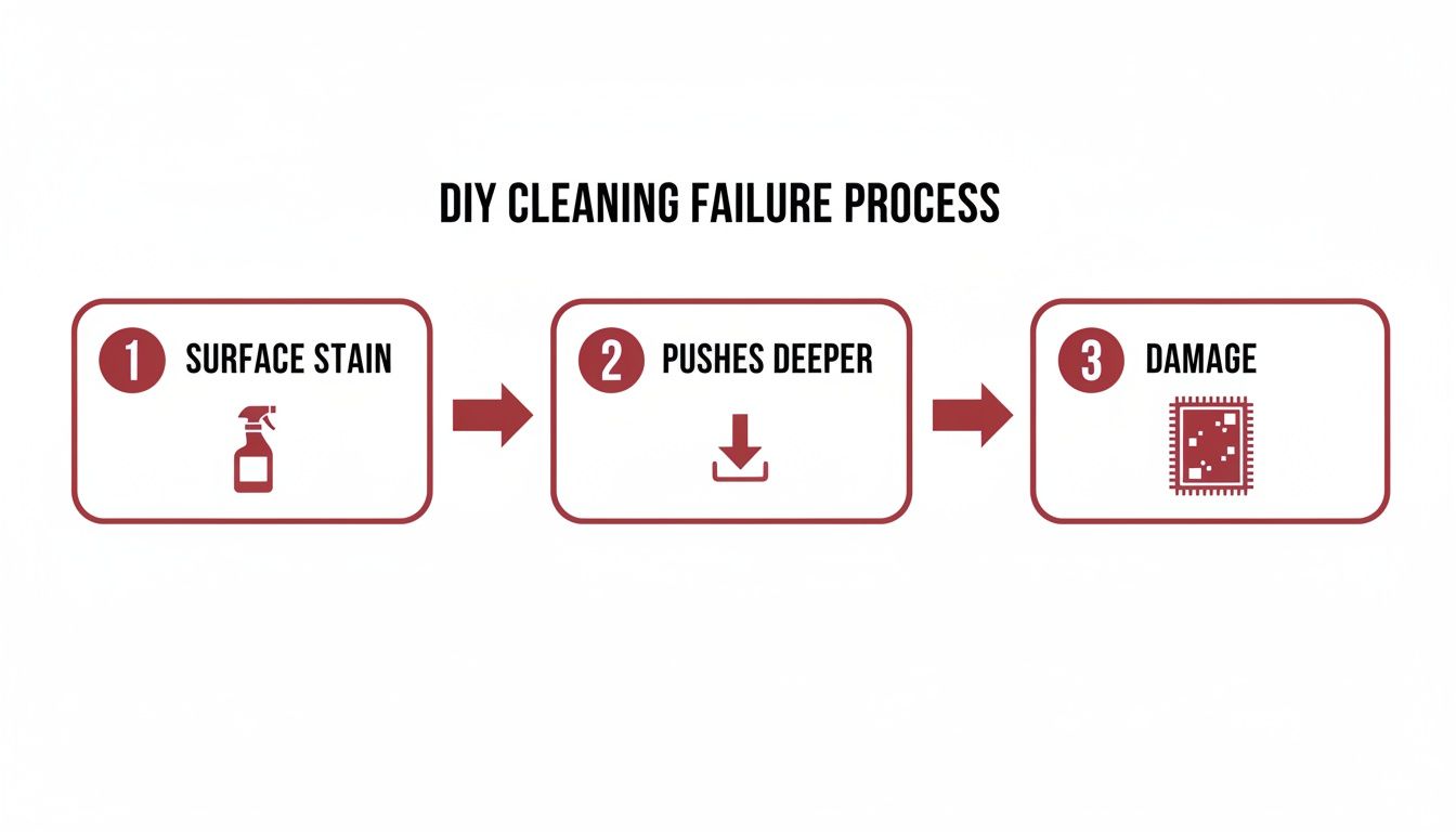 Diagram illustrating DIY cleaning failure process: surface stain, pushes deeper, causing damage.