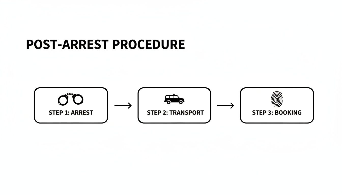 A flowchart illustrates the post-arrest procedure, detailing steps: arrest, transport in a police car, and booking with fingerprints.