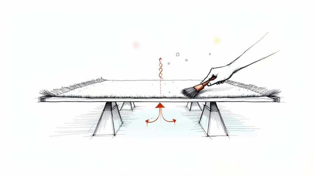 A hand brushes an area rug elevated on supports, with arrows indicating airflow and dust rising.