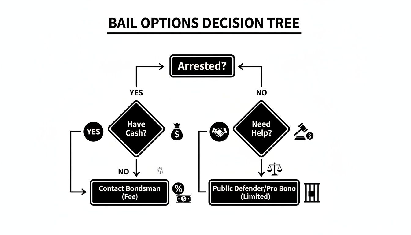 A decision tree flowchart illustrating bail options after an arrest, including cash bail, bondsmen, and public defenders.