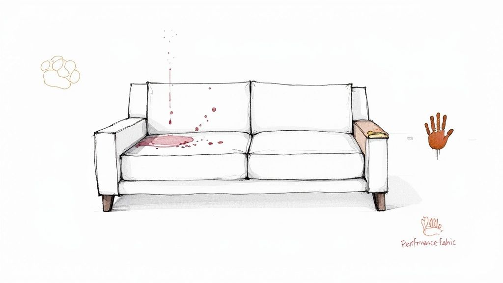 A pristine, light-colored sofa showcasing the beauty of performance fabric in a high-end living space.