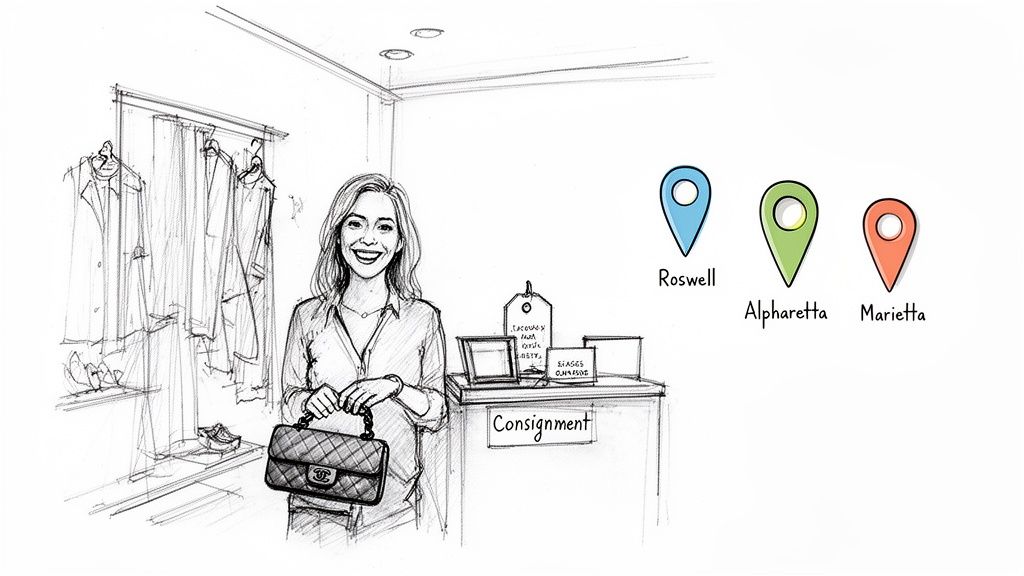 Sketch of a smiling woman holding a quilted Chanel bag in a consignment store with local pins.