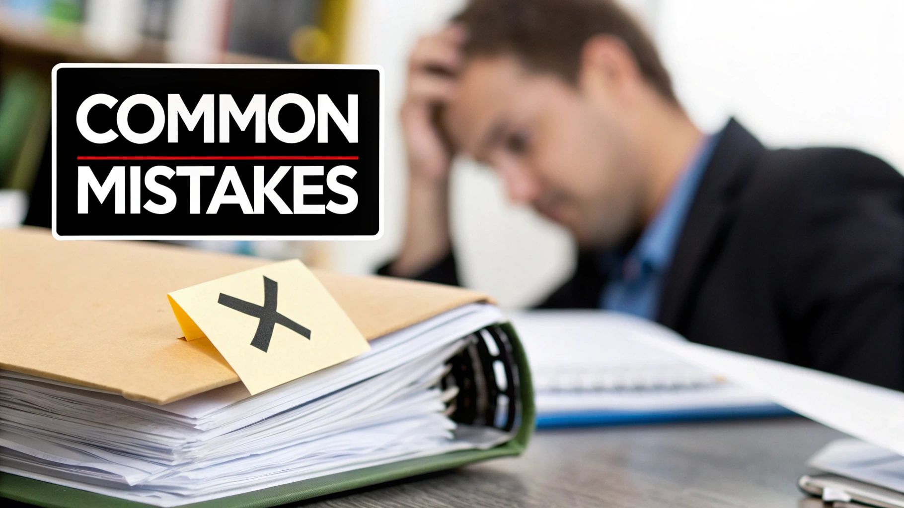 Stressed man with 'Common Mistakes' graphic, file folder, and 'X' note, symbolizing errors.