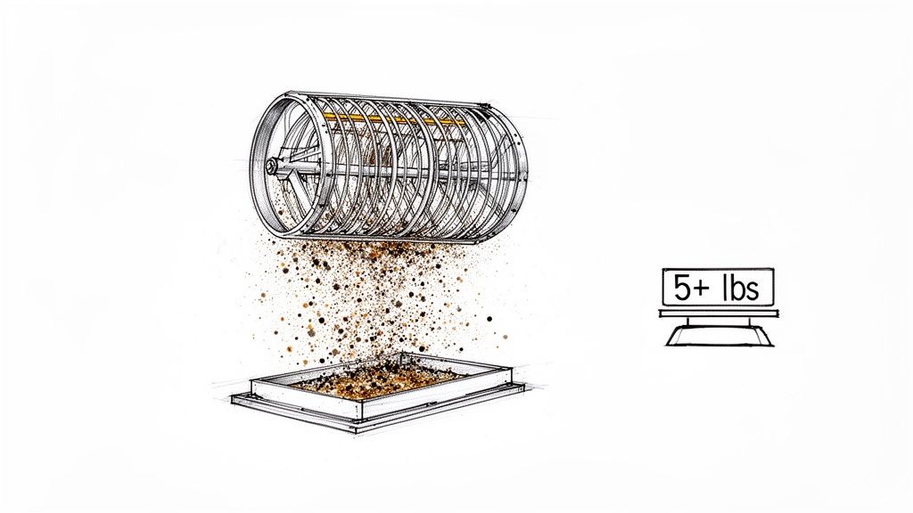 A cylindrical drum sifts particles into a tray, with a scale showing 5+ lbs of collected dirt.