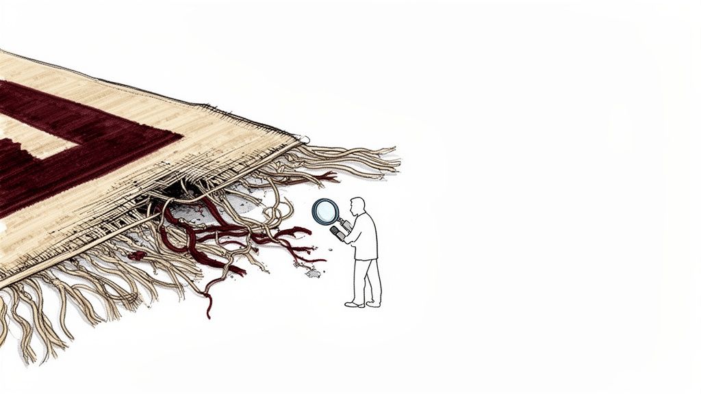 A person inspects the unraveling fringe and red threads of an oriental rug with a magnifying glass.