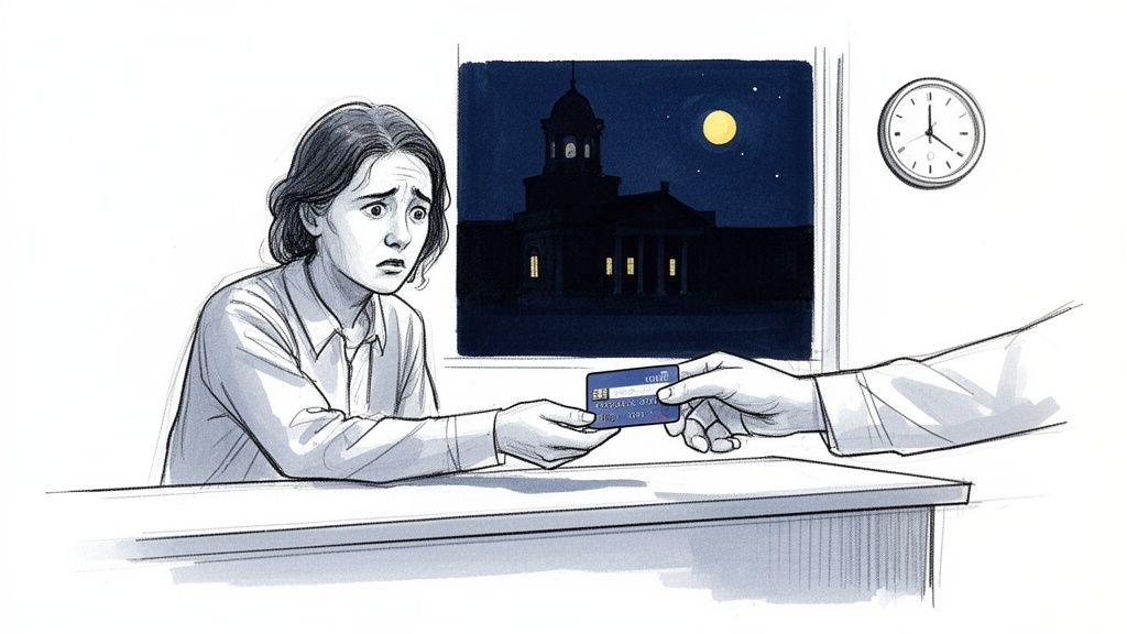 Illustration of a distressed woman handing a credit card to another hand at night.