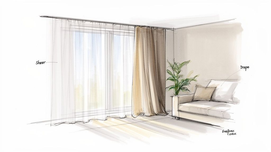 A watercolor sketch of a living room featuring sheer and drape curtains over a large window, with a sofa and a plant.