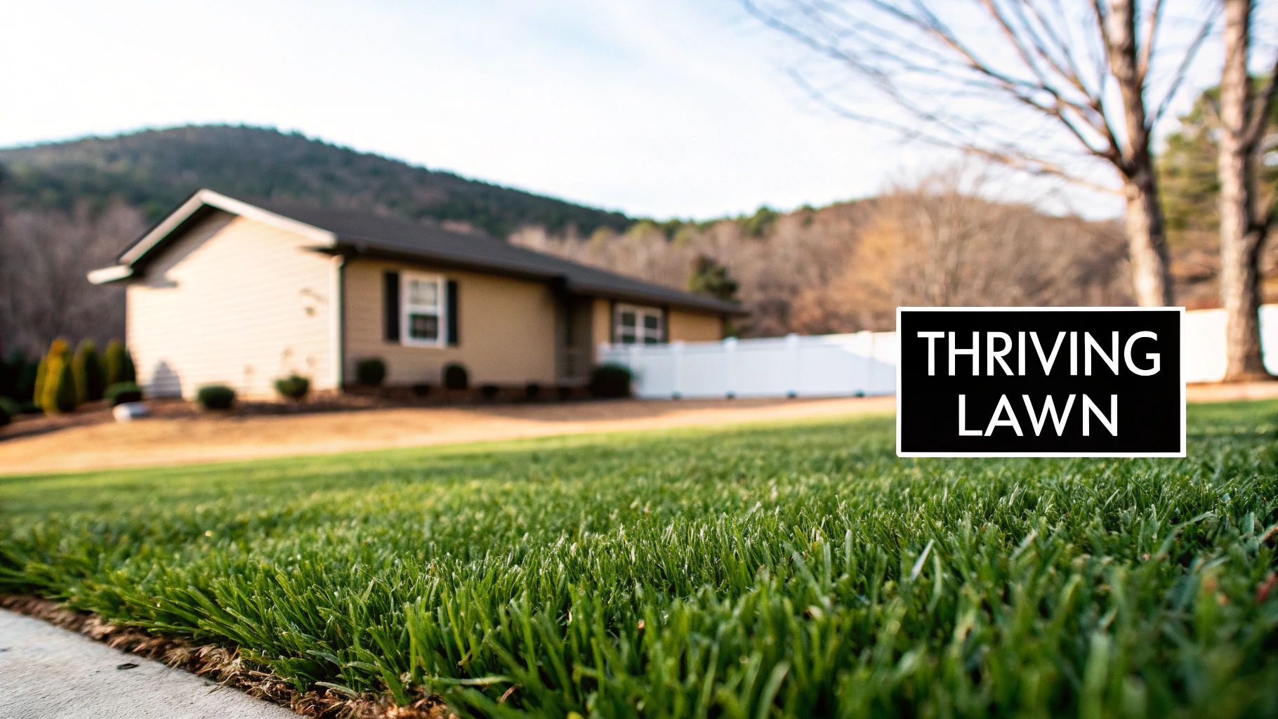 A lush, green lawn in a suburban neighborhood, representing the goal of aeration and overseeding in Georgia.