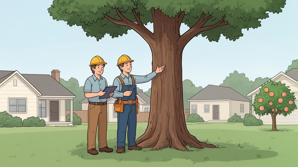 Two arborists in hard hats inspect a large tree in a residential backyard, holding clipboards.