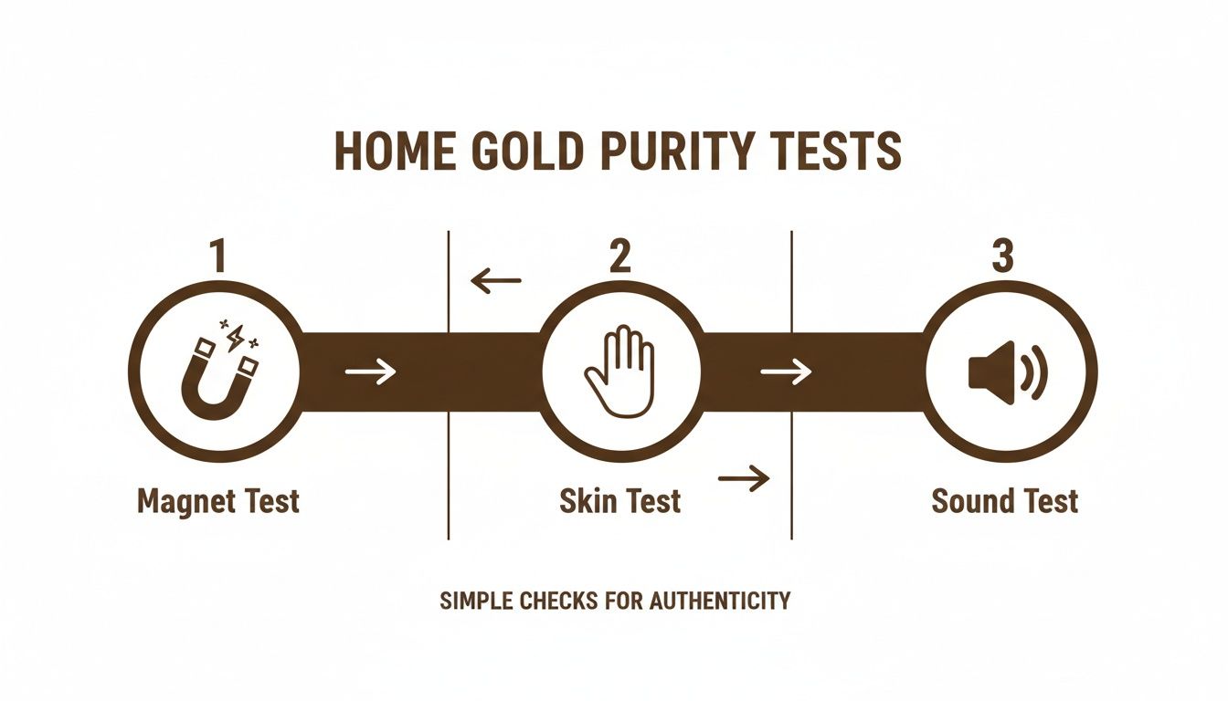 Infographic showing three simple home gold purity tests: Magnet, Skin, and Sound tests for authenticity.