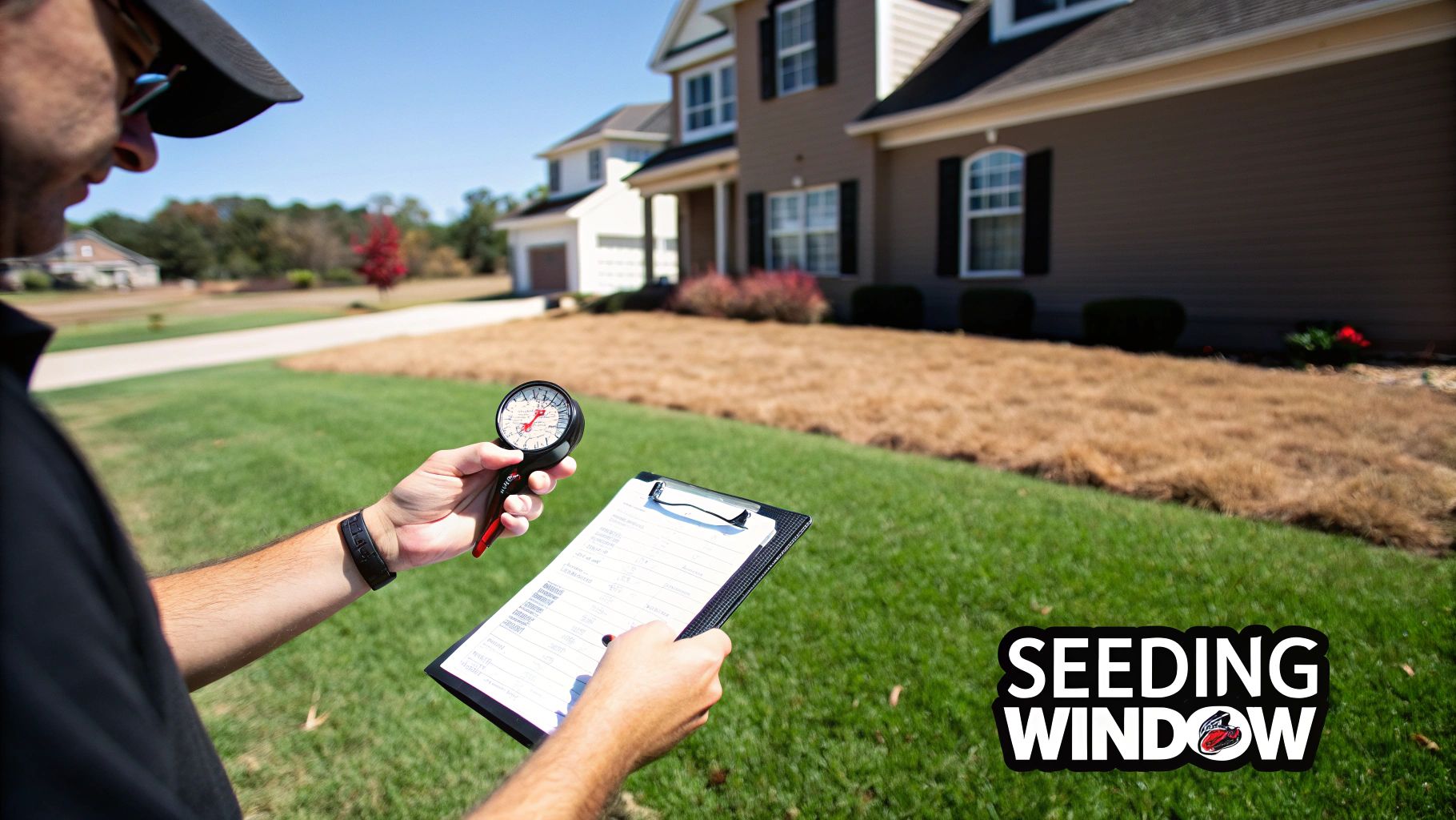 A lush, green lawn being watered by a sprinkler system
