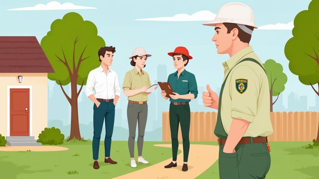 An inspection team of four people, including a man in a hard hat, discusses outdoors at a house.