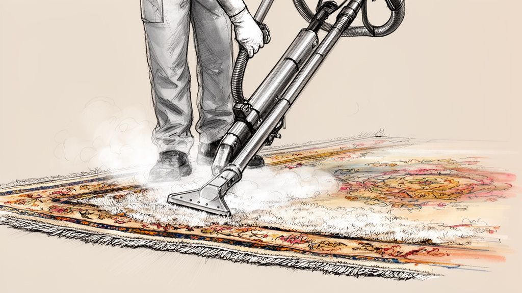 An illustration shows a person steam cleaning a decorative patterned rug, with foam rising.